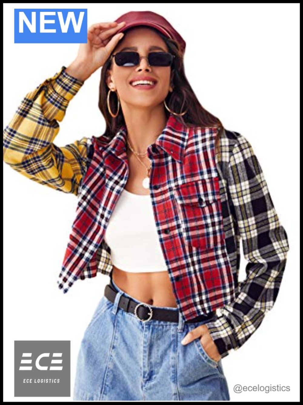 Plaid Button Down Crop Top Long Sleeve Collared Blouse